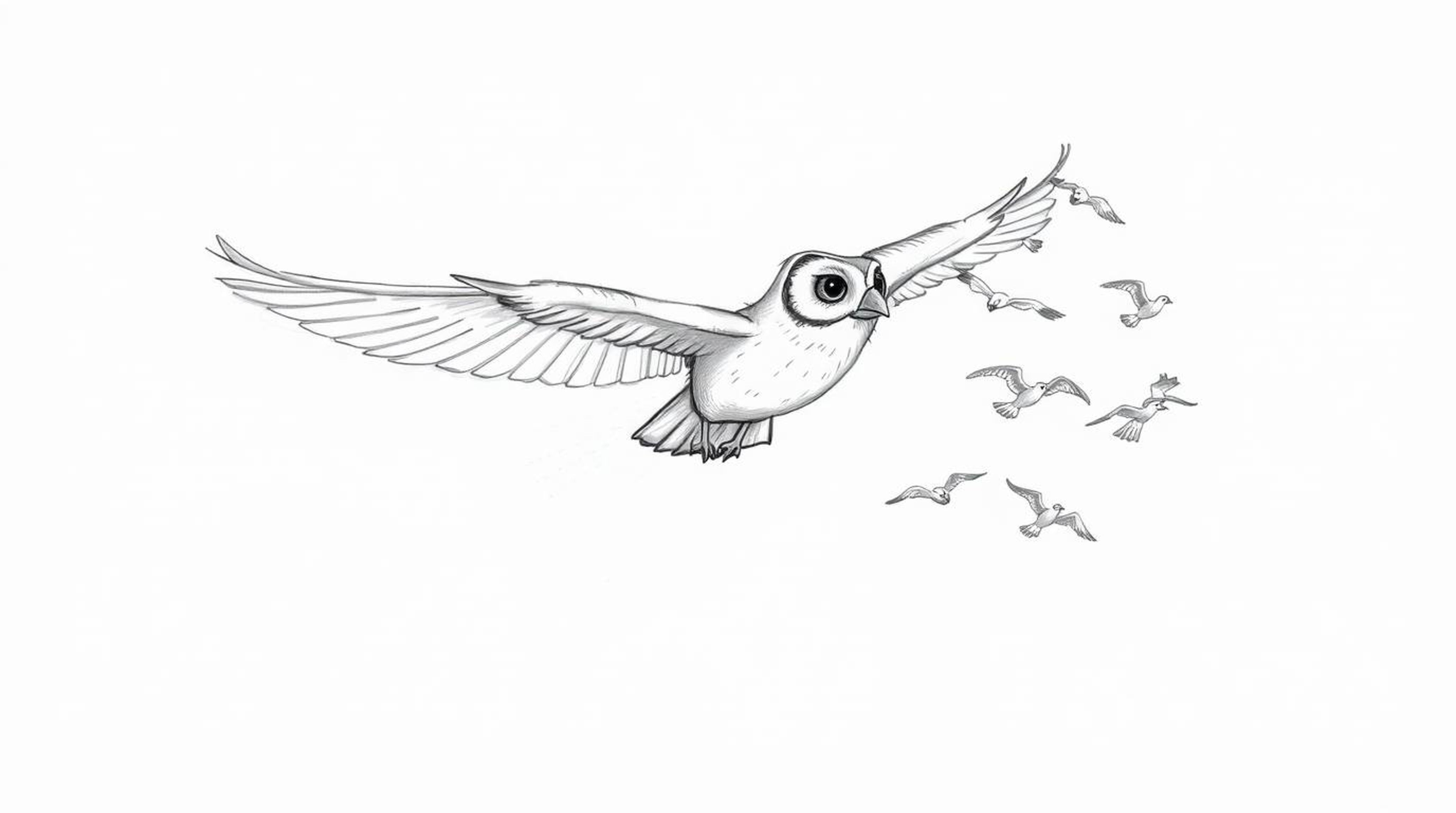 A heartwarming, hand-drawn sketch in the style of Pixar depicts a blind owl gracefully mid-flight, leading a flock of birds. 
