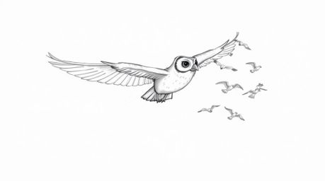 A heartwarming, hand-drawn sketch in the style of Pixar depicts a blind owl gracefully mid-flight, leading a flock of birds. 