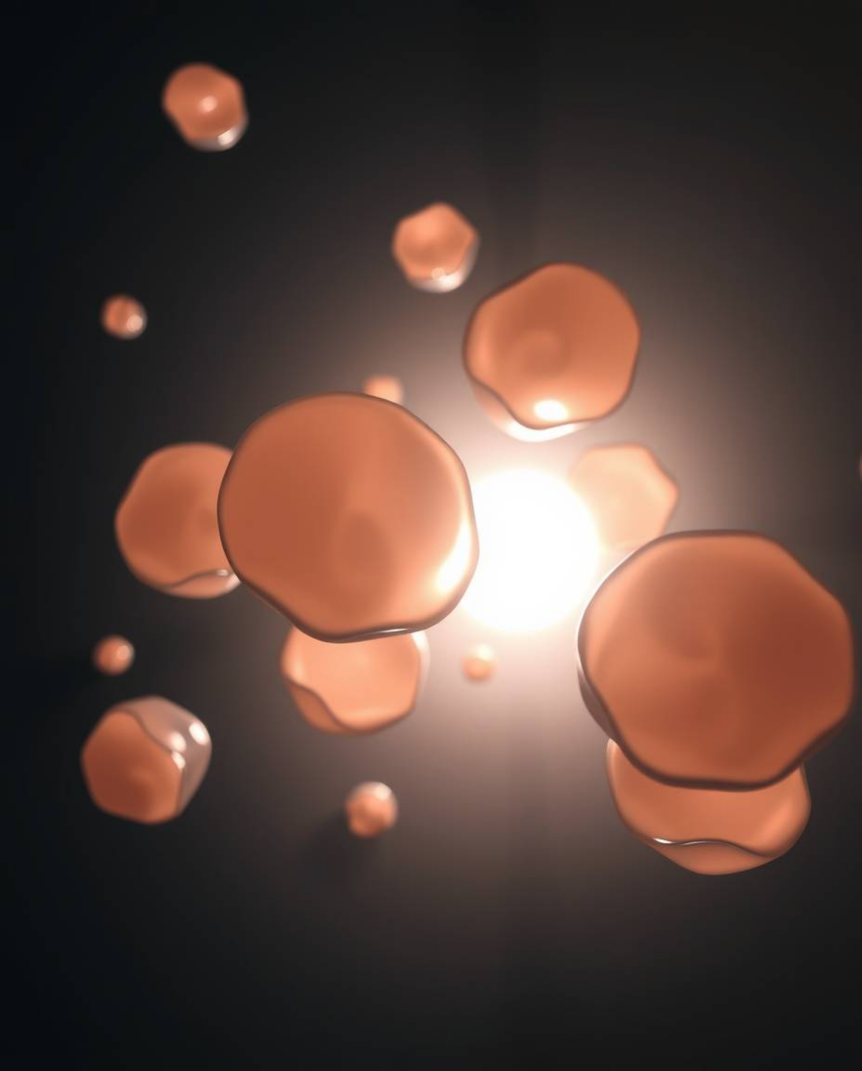 This captivating 3D render showcases translucent, fluid organic blobs gracefully floating in the vastness of space, dramatica