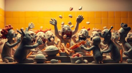 A captivating clay sculpture depicts a chaotic yet artistic food fight within a cartoon cafeteria.  The artwork emphasizes mo