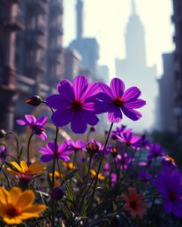 Explore a mesmerizing scene where flowers bloom resiliently in a post-apocalyptic city, bathed in deep ultraviolet hues and r