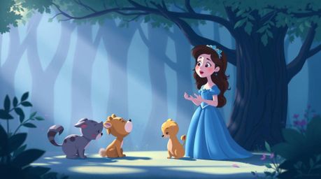 This stunning vintage 2D animation depicts a princess singing with her forest animal friends, bathed in a cool color palette 