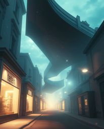 Experience an ethereal and spiritual vibe within a surreal street scene where buildings fold and twist, bathed in a captivati