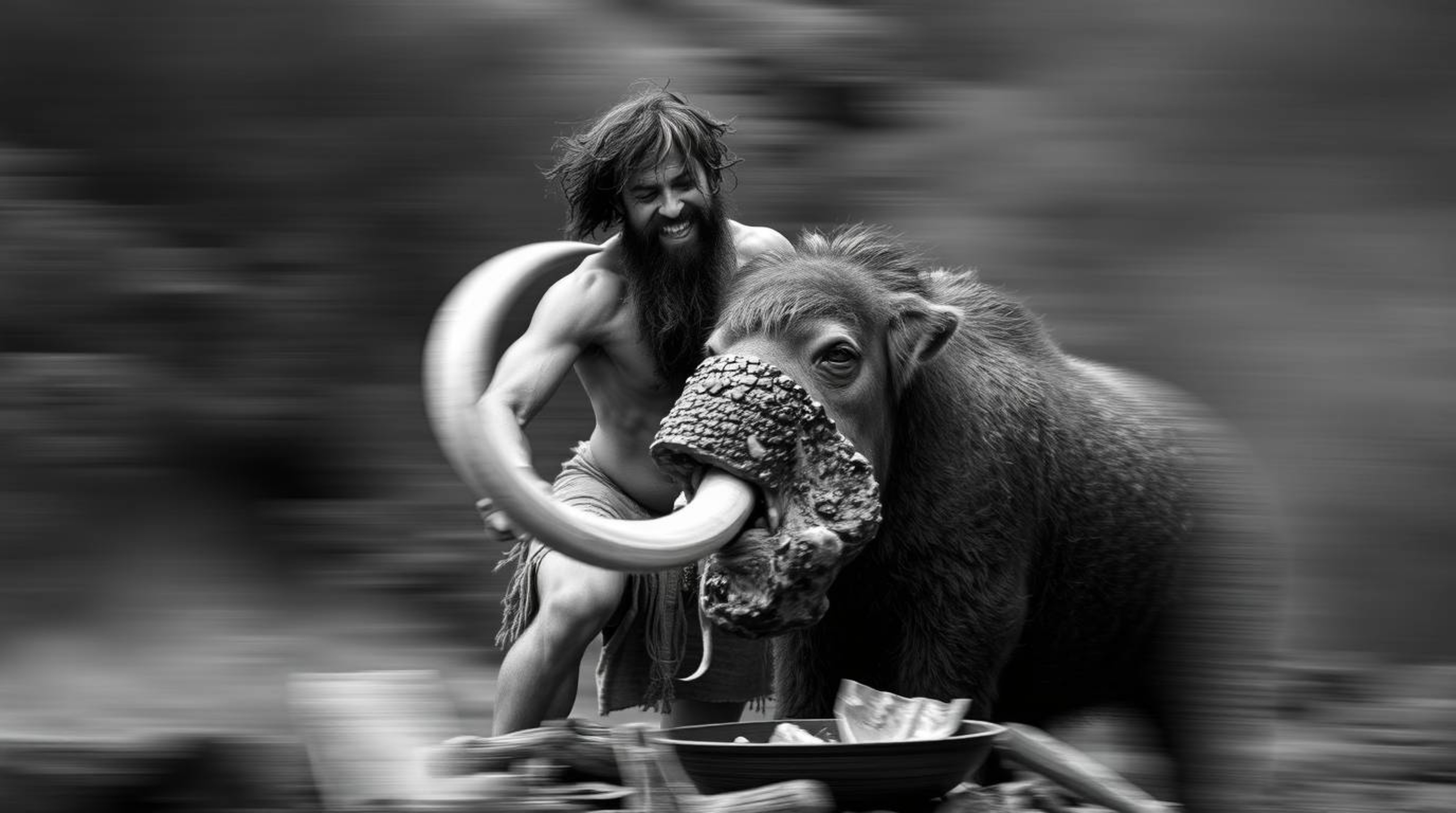 This classic black and white image showcases a caveman dynamically cooking mammoth meat, imbued with a timeless and elegant a