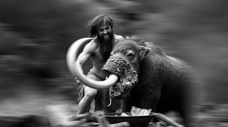 This classic black and white image showcases a caveman dynamically cooking mammoth meat, imbued with a timeless and elegant a