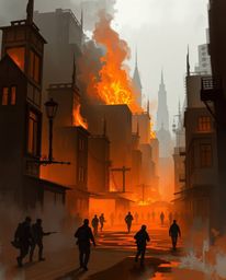 This digital sketch in a painterly style portrays a city consumed by fire, with people fleeing in terror. The artwork utilize