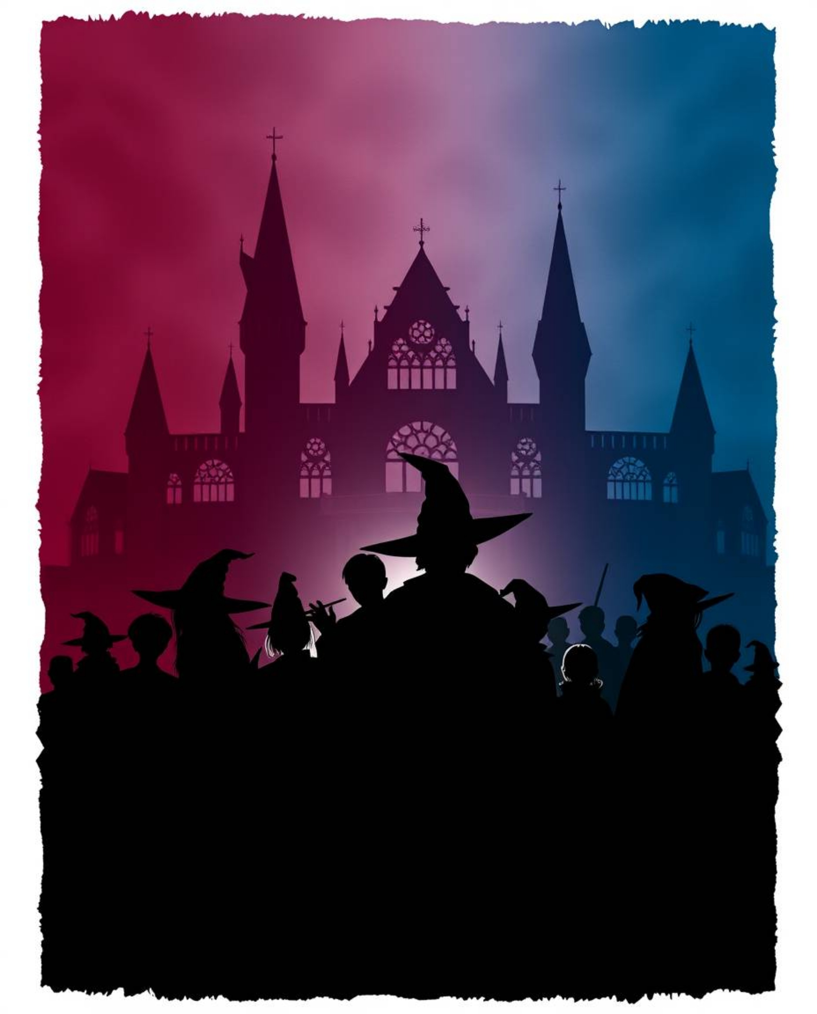 A captivating scene featuring silhouetted figures set against a rich burgundy and deep blue background, depicting a magical s