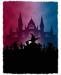 A captivating scene featuring silhouetted figures set against a rich burgundy and deep blue background, depicting a magical s