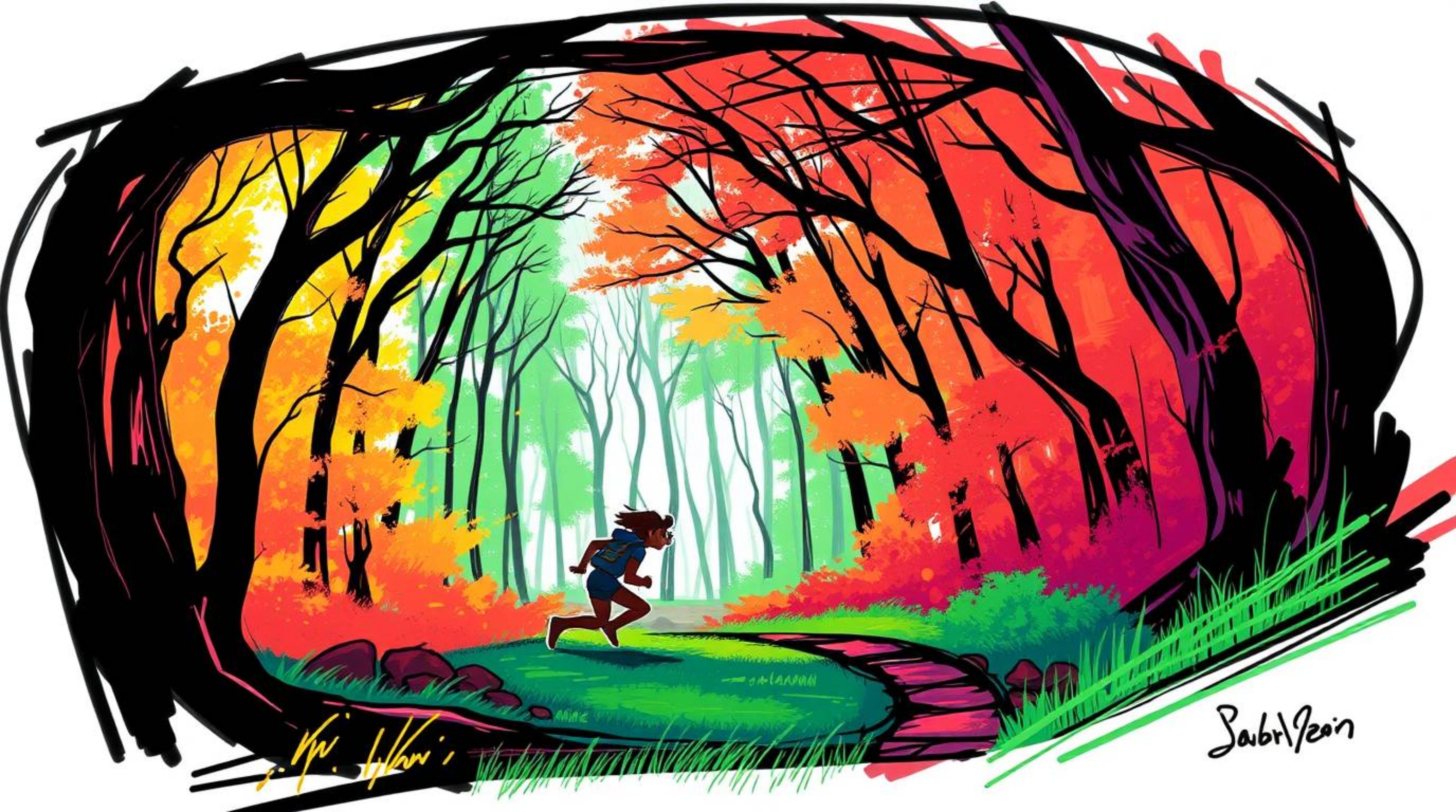 Experience a thrilling chase through a looping forest depicted in a vibrant hand-drawn sketch. This digital drawing bursts wi