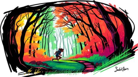 Experience a thrilling chase through a looping forest depicted in a vibrant hand-drawn sketch. This digital drawing bursts wi