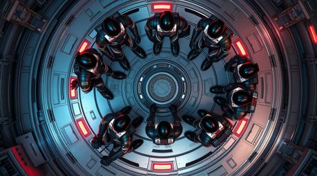 A captivating overhead shot reveals a team of misfit heroes, clad in advanced tech suits, forming a circle on a futuristic sp