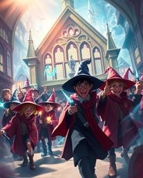 A vibrant and bright digital painting depicting a magical school teeming with young wizards, rendered in a dramatic cinematic