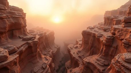 Experience the breathtaking beauty of a rocky canyon bathed in warm sunset hues. This scene features sculptural clay art in a