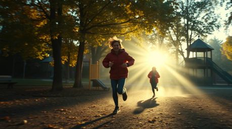 Experience a dramatic slow-motion run through a vibrant autumn playground.  Bathed in warm colors and volumetric lighting, th