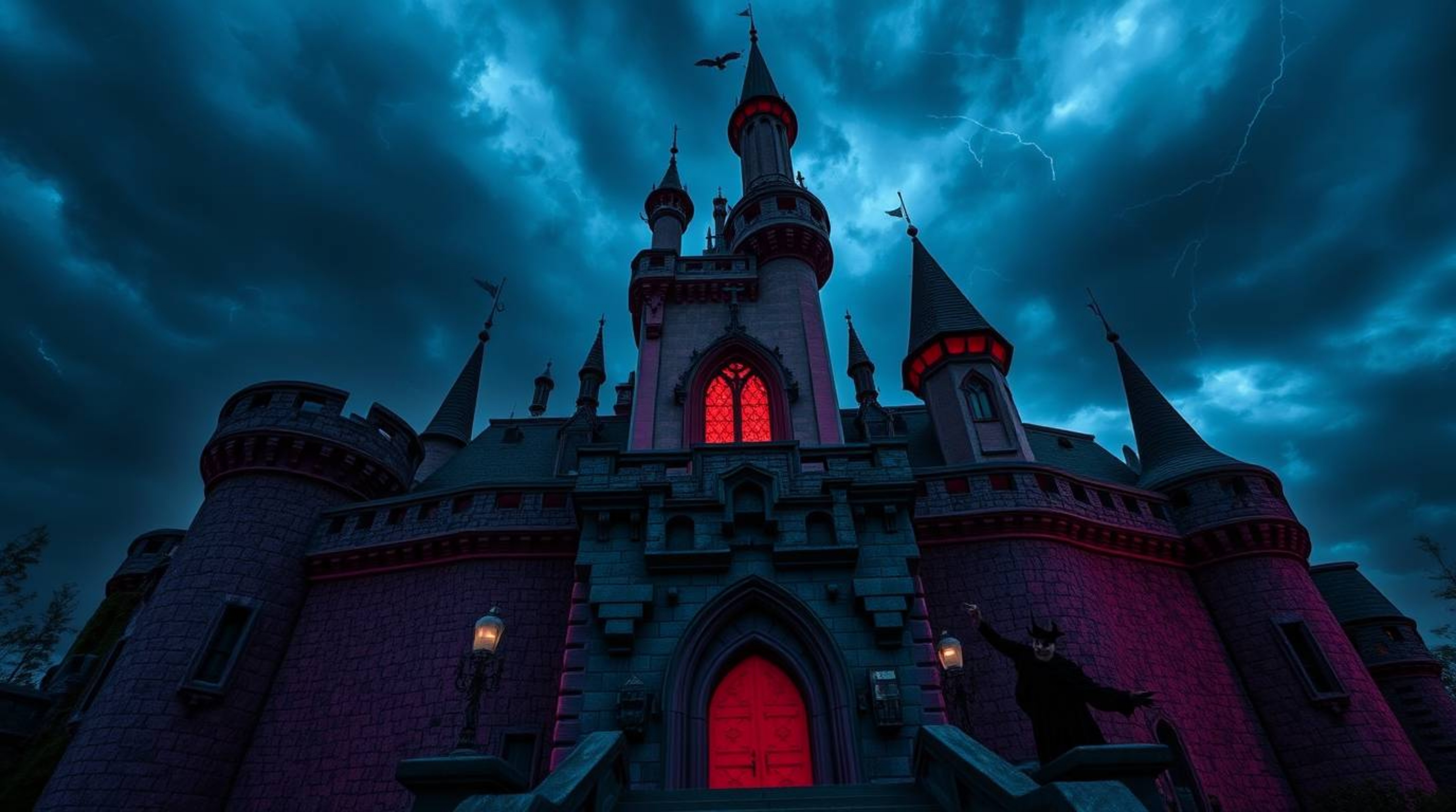 An iconic Disney villain is captured in a dramatic scene, casting a potent spell within the aged walls of an ancient castle.