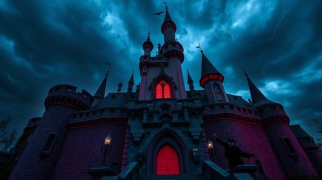 An iconic Disney villain is captured in a dramatic scene, casting a potent spell within the aged walls of an ancient castle. 