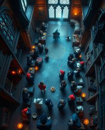 An overhead bird's eye view captures a magical school teeming with young wizards, nestled in a mystic and enchanting environm