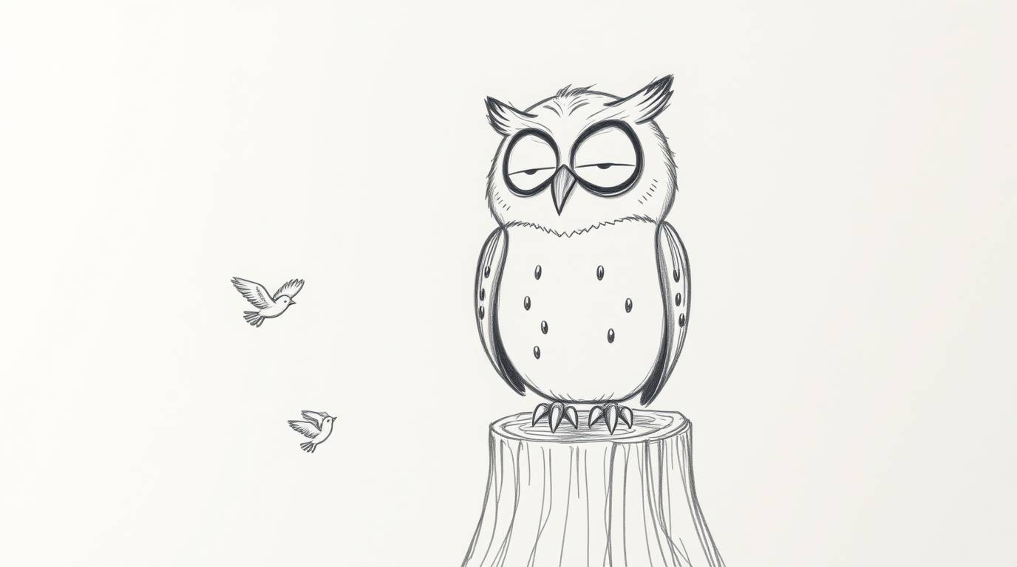 A heartwarming hand-drawn sketch, reminiscent of Pixar animation, depicts a blind owl with gentle features perched on a tree 