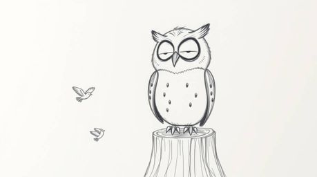 A heartwarming hand-drawn sketch, reminiscent of Pixar animation, depicts a blind owl with gentle features perched on a tree 