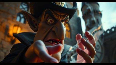 A captivating close-up captures a classic Disney villain engrossed in casting a spell within the walls of an ancient castle. 