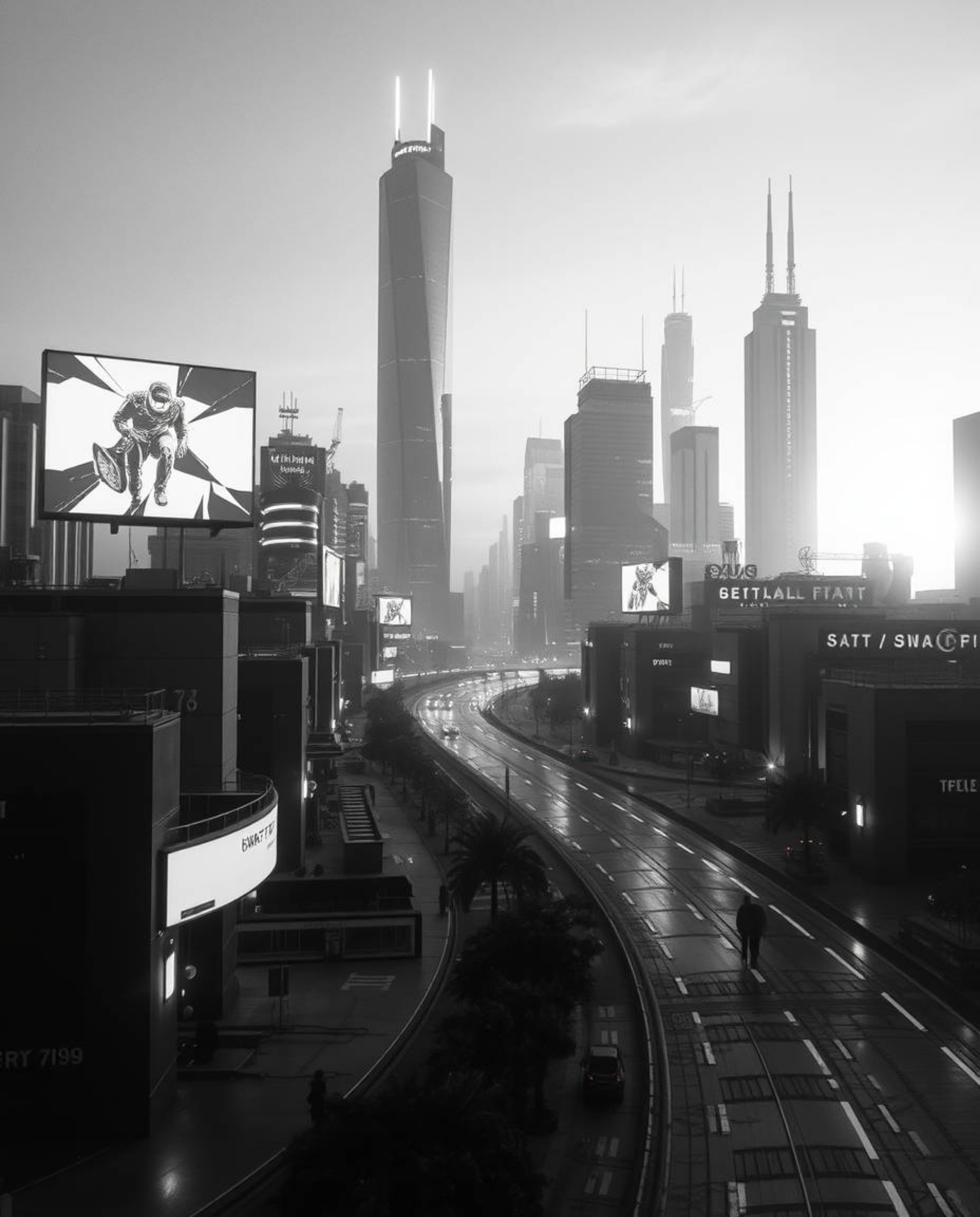 A captivating black and white photograph depicts a futuristic city in glitch mode, bathed in the warm glow of golden hour. Fl