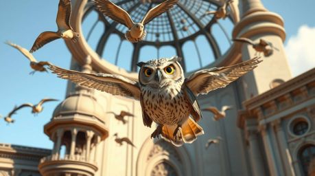 A whimsical architectural photograph in the style of Pixar, depicting a blind owl passionately teaching birds how to fly. The