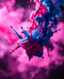 A stunning volumetric lighting photograph capturing a colorful paint splash frozen in mid-air. Rich burgundy and deep blue hu