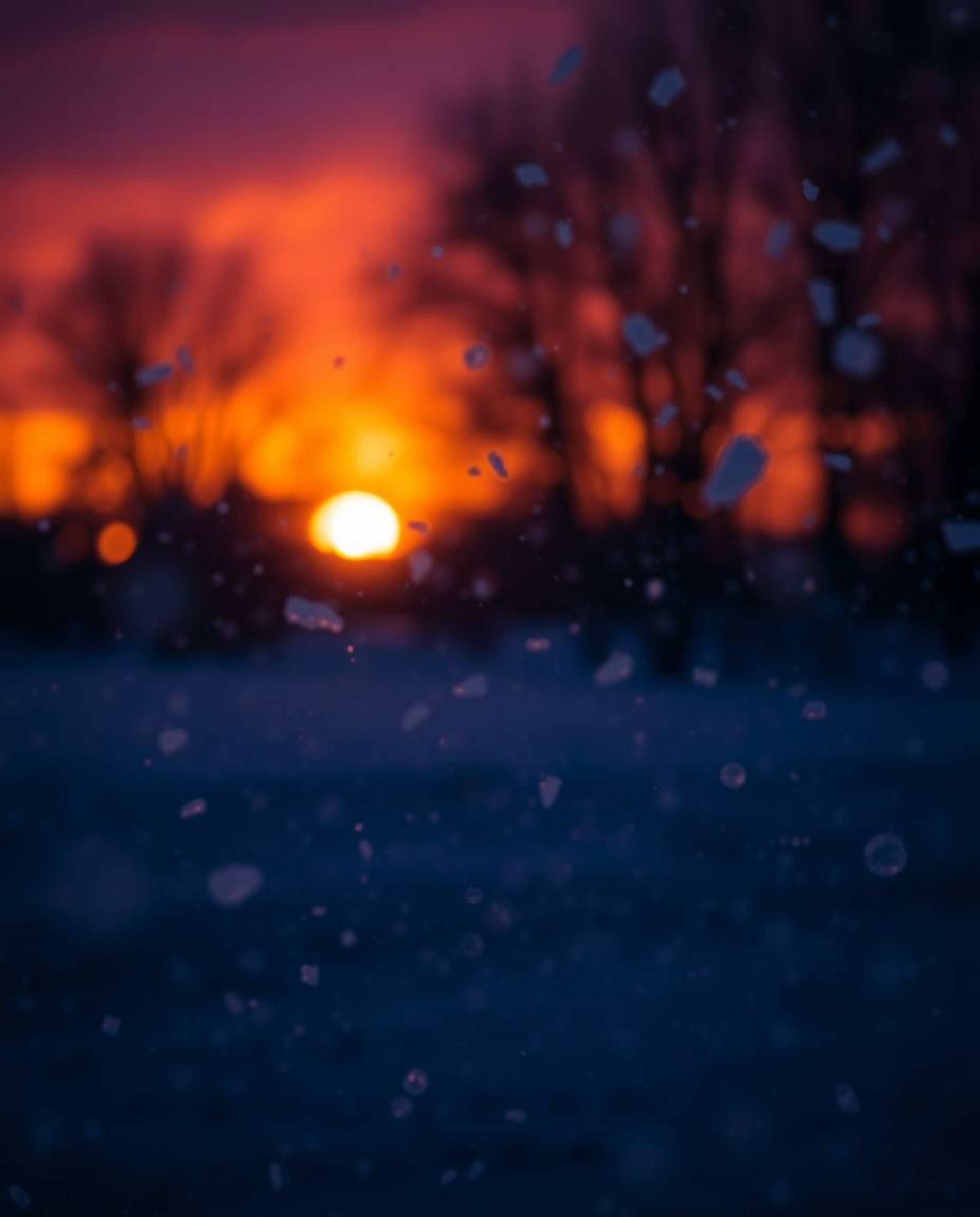 A stunning long exposure photograph captures the mesmerizing motion of snowflakes falling during a vibrant sunset. Utilizing 
