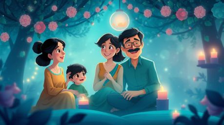 Experience a heartwarming family reunion depicted in a vibrant and luxurious deep teal environment, reminiscent of Pixar's si