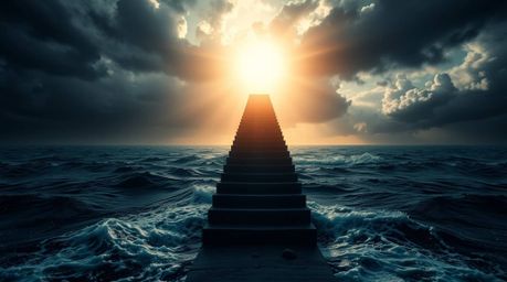 This image captures an extreme macro close-up of a dramatic staircase rising from the ocean and ascending into a stormy sky, 