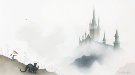 A delicate watercolor painting depicts a mystical fantasy kingdom shrouded in thick fog, creating low visibility and an ether