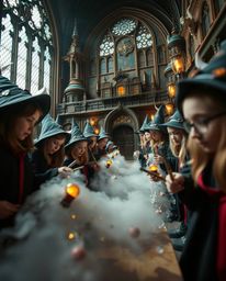 Explore a dreamlike and surreal depiction of a magical school teeming with young wizards, captured in a tight close-up shot t