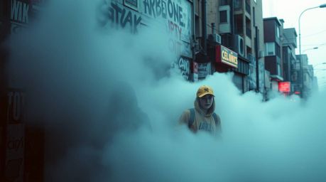 Immerse yourself in a visually striking scene of rebellious teens lurking in a grungy city alley shrouded in thick fog.  Elec