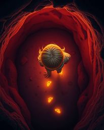 A captivating overhead bird's-eye view portrays a light-skinned, blonde-haired child embarking on a journey into a mysterious