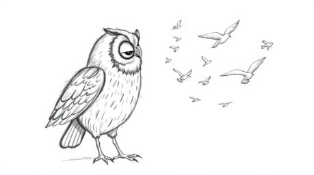 Explore a hand-drawn, Pixar-style sketch of a blind owl who utilizes smell, sound, and intuition to guide other birds in flig