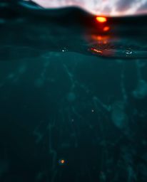 A rich, deep teal close-up shot of a glassy fjord reflecting a sunset. This photograph showcases incredibly detailed textures