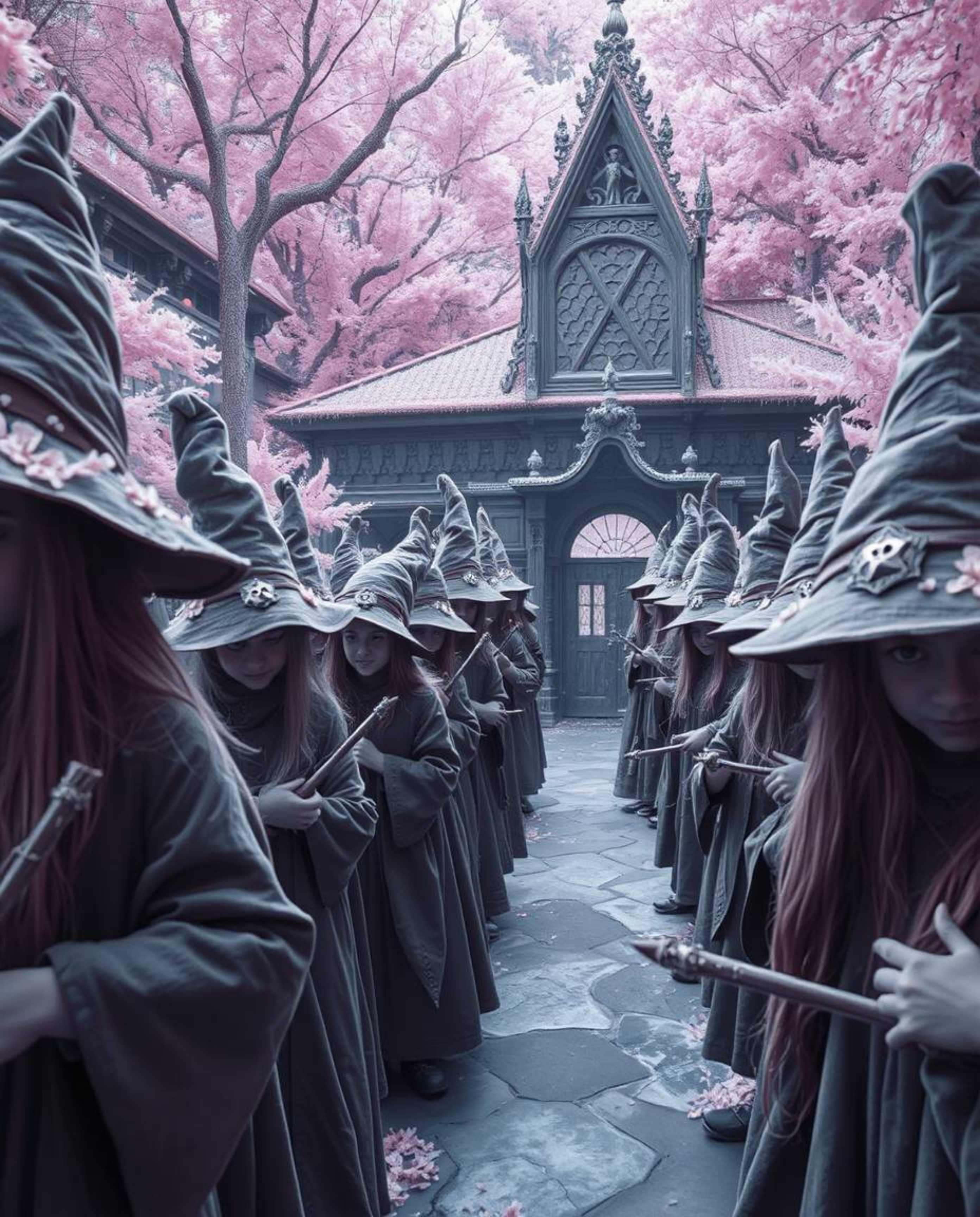 Discover a captivating close-up of a magical school brimming with young wizards.  This surreal image, captured in infrared to