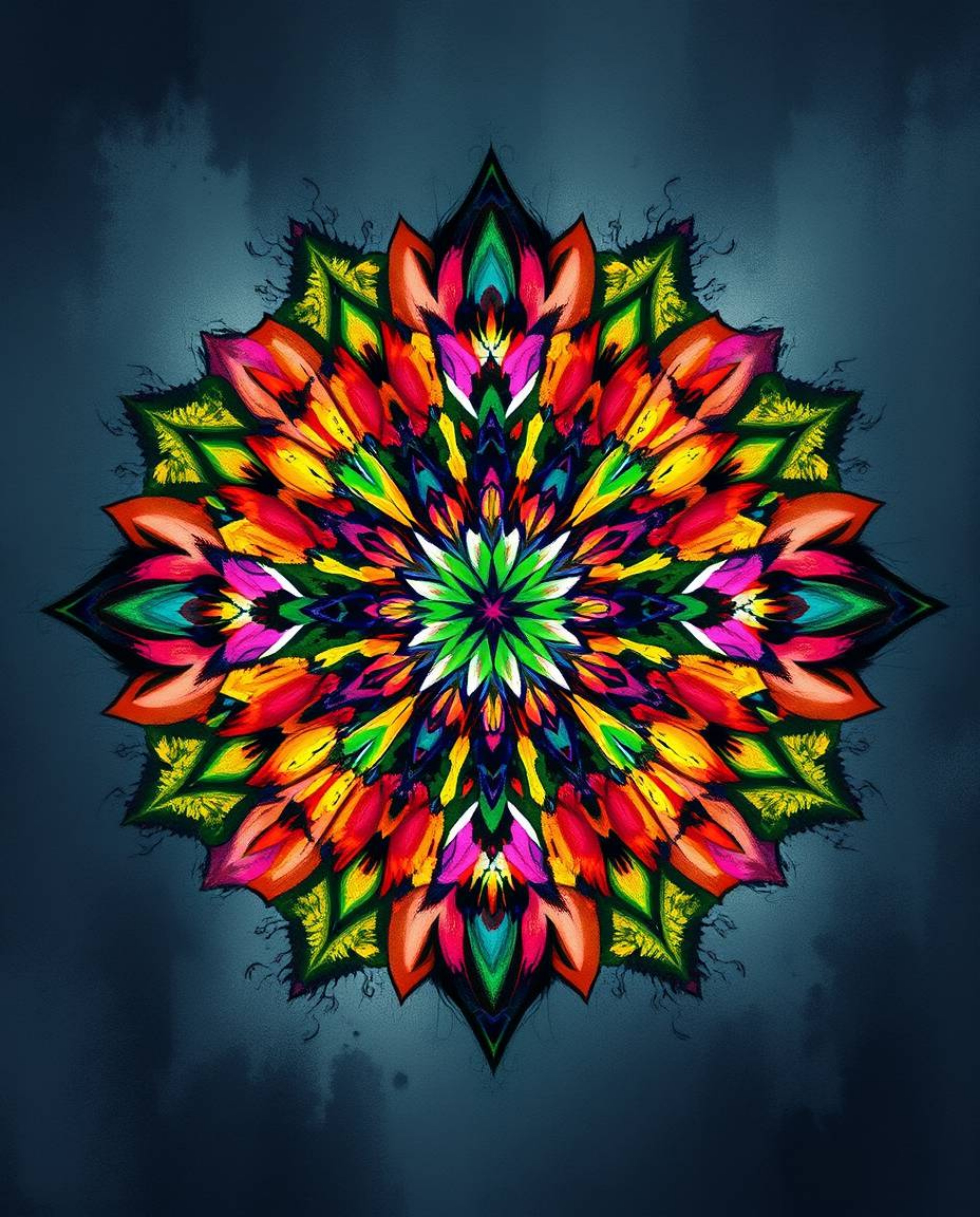 Explore a mesmerizing fantasy scene featuring a geometric floral mandala brought to life with vibrant colors and a symmetric 
