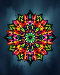 Explore a mesmerizing fantasy scene featuring a geometric floral mandala brought to life with vibrant colors and a symmetric 