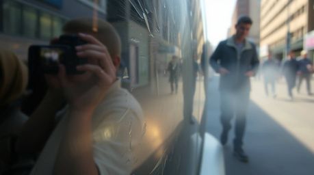 Candid street photography capturing the beauty of volumetric lighting as it plays across a glass object, reflecting smooth gr
