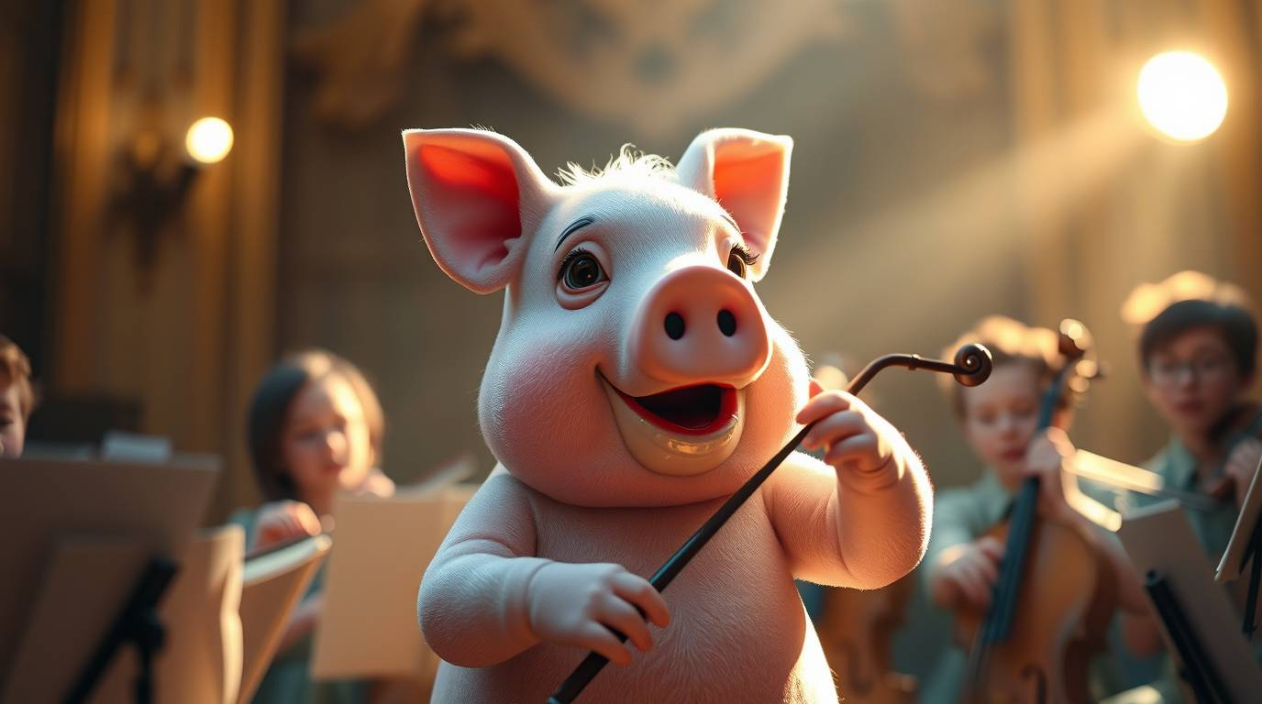 A charming depiction of a pig character passionately conducting an orchestra, bathed in gentle, soft, iridescent light. Subtl