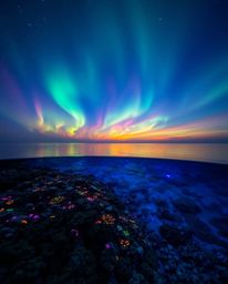 A high-resolution, commercial-quality stock photo captures a colorful sky over a coral reef at low tide. The scene is brought