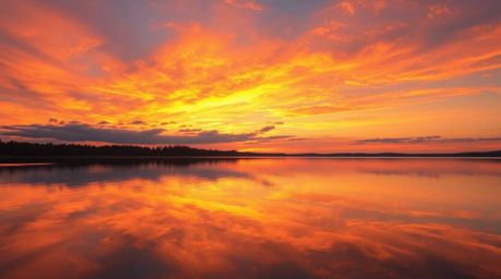 Capture the breathtaking beauty of a serene lake reflecting a vibrant sunset sky.  This stunning image features bold, sharp s