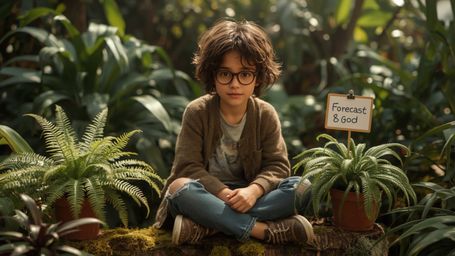In a breathtakingly vibrant and whimsical cinematic photograph, a bespectacled, curly-haired homeschooled genius sits on a mo