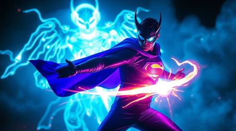 Witness an ethereal battle between a caped superhero and a ludicrous villain!  Bioluminescent colors illuminate the scene, cr