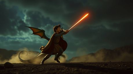 A captivating image showcasing a charming prince battling a fierce dragon in a dramatic, long-exposure photograph.  The scene