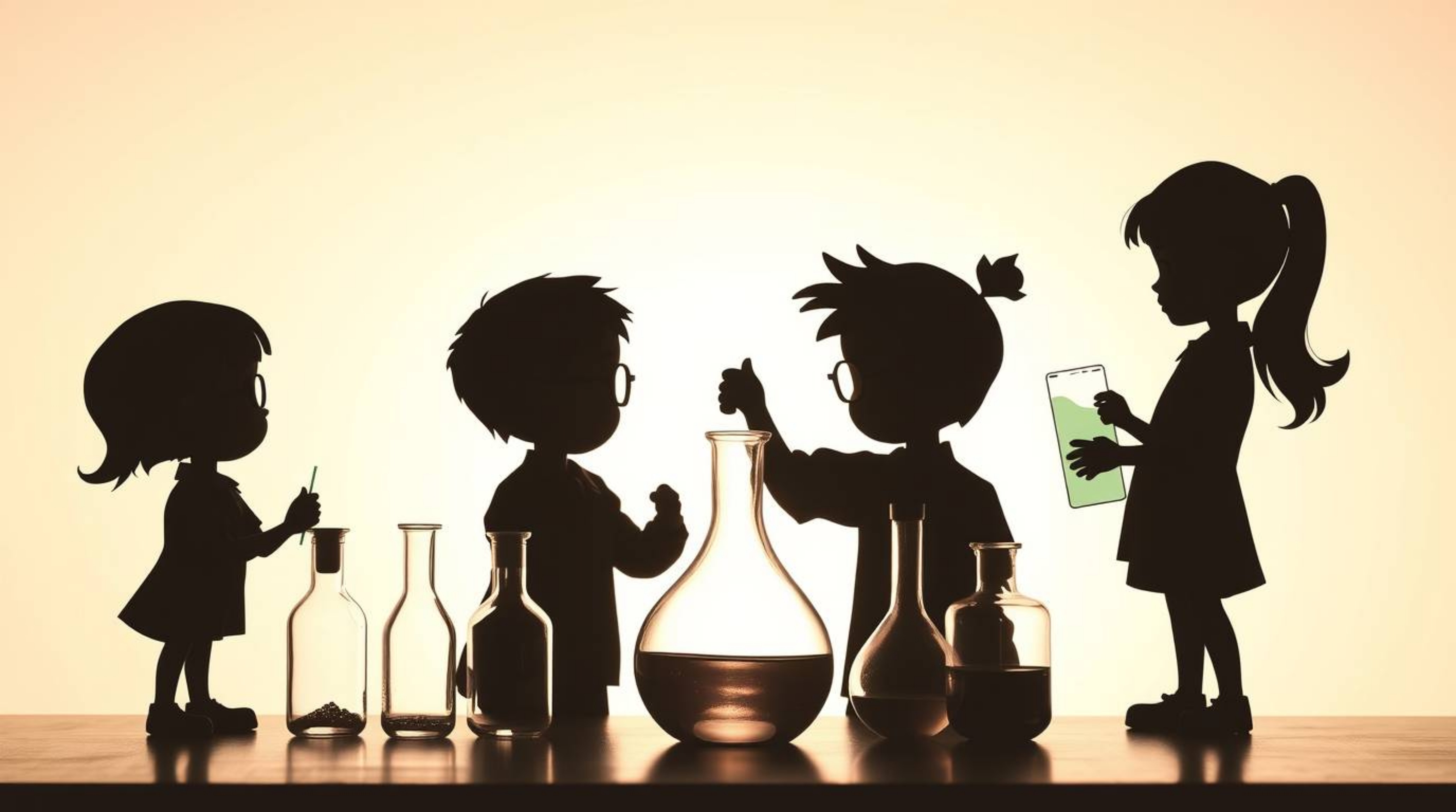 Silhouetted quirky children in school uniforms conduct captivating science experiments against a soft pastel backdrop.  Backl
