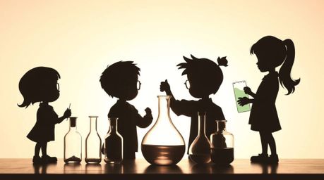 Silhouetted quirky children in school uniforms conduct captivating science experiments against a soft pastel backdrop.  Backl
