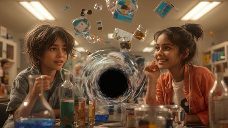 Step into a whimsical science fair adventure with this vibrant, cinematic photograph, reminiscent of Pixar's signature style.