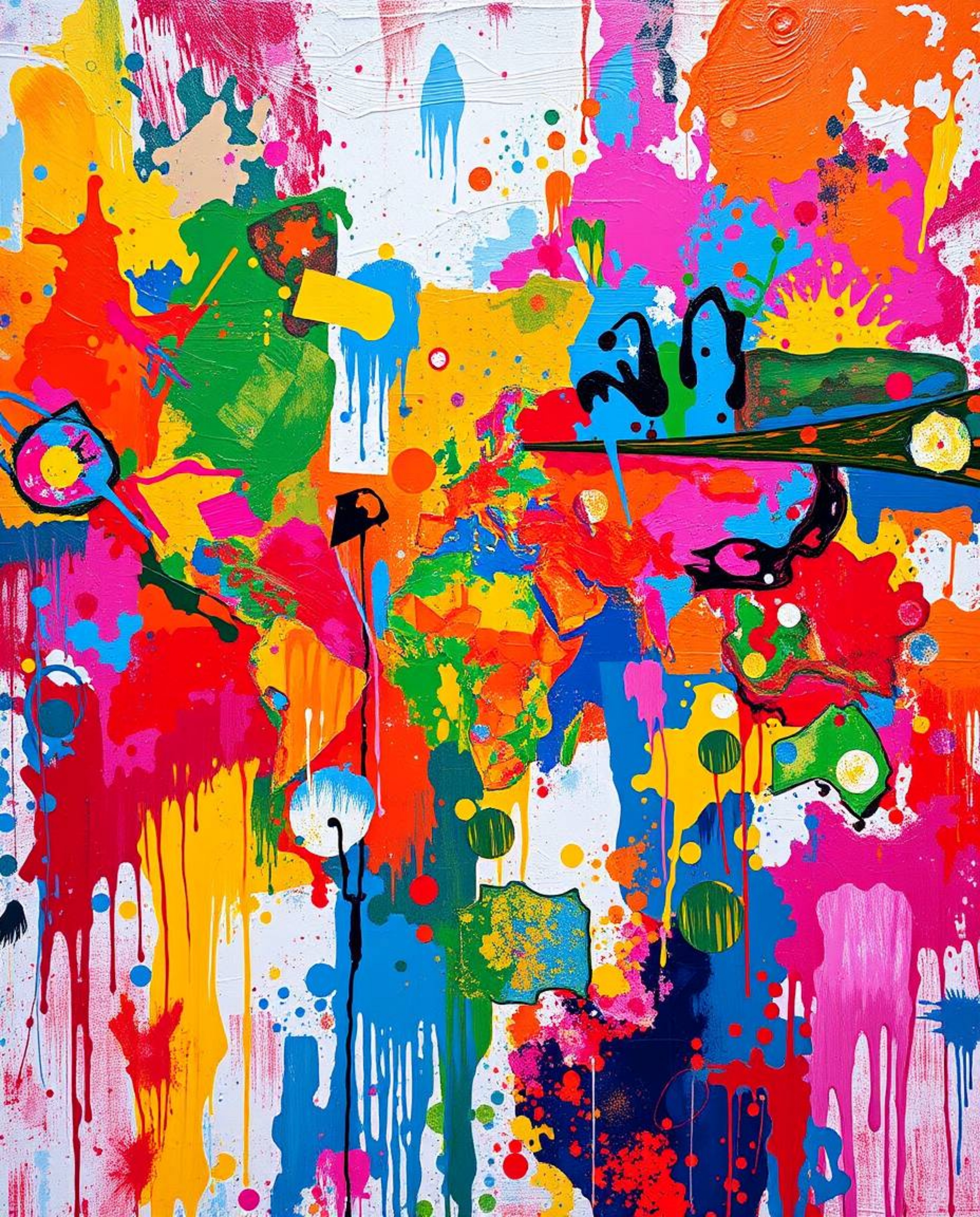 This bold acrylic painting presents a world map composed of vibrant, colorful splashes. The artwork features textured brushst